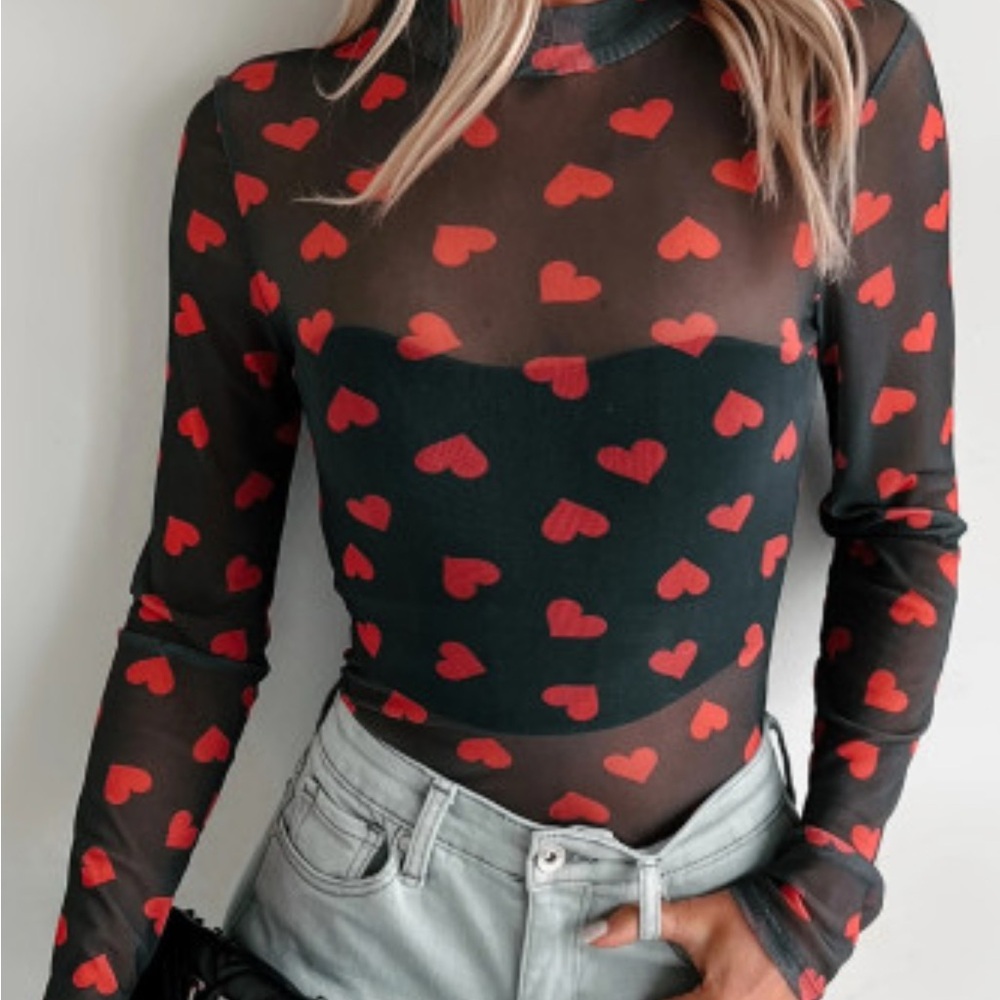 🖤❤️ Black Valentine’s Heart Sheer Mesh Long Sleeve Top ❤️🖤